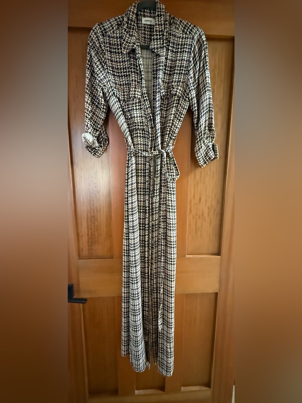 L'AGENCE Black & White brown purple Houndstooth Maxi Shirt Dress medium read